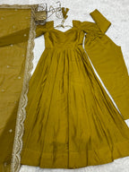 Lorenvalley Fashion Yellow Pure Roman Silk Chanderi Fabric Fully Flared Anarkali Pant With Dupatta Set - Yellow | Grocsy