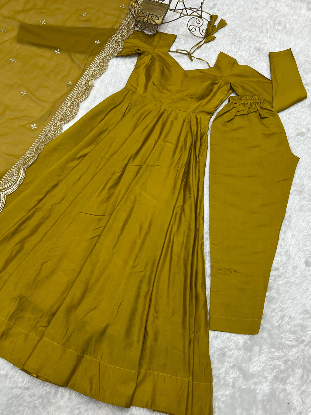 Lorenvalley Fashion Yellow Pure Roman Silk Chanderi Fabric Fully Flared Anarkali Pant With Dupatta Set - Yellow | Grocsy