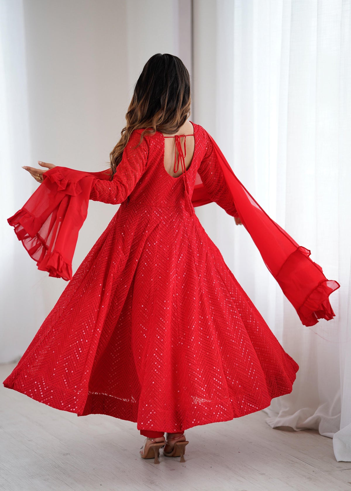 Evanik Red Heavy Faux Georgette With Lucknowi Work Anarkali Suit | Grocsy