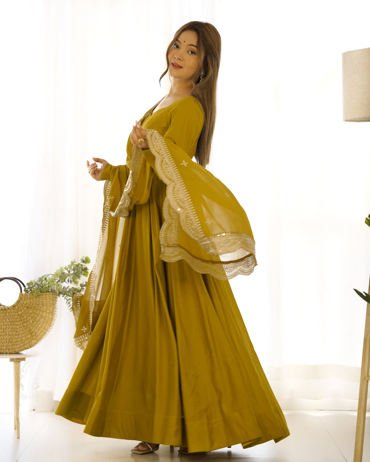 Lorenvalley Fashion Yellow Pure Roman Silk Chanderi Fabric Fully Flared Anarkali Pant With Dupatta Set - Yellow | Grocsy