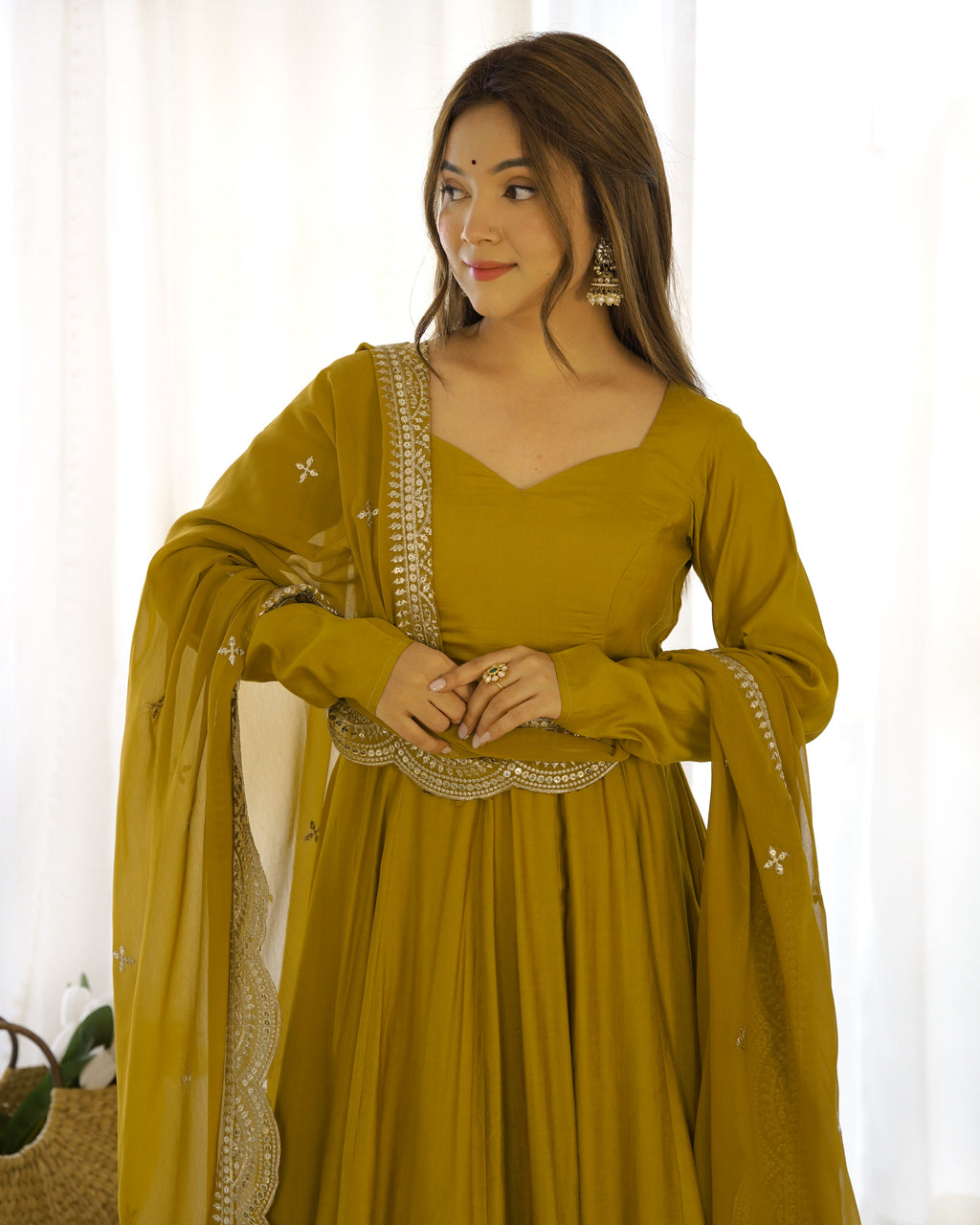 Lorenvalley Fashion Yellow Pure Roman Silk Chanderi Fabric Fully Flared Anarkali Pant With Dupatta Set - Yellow | Grocsy
