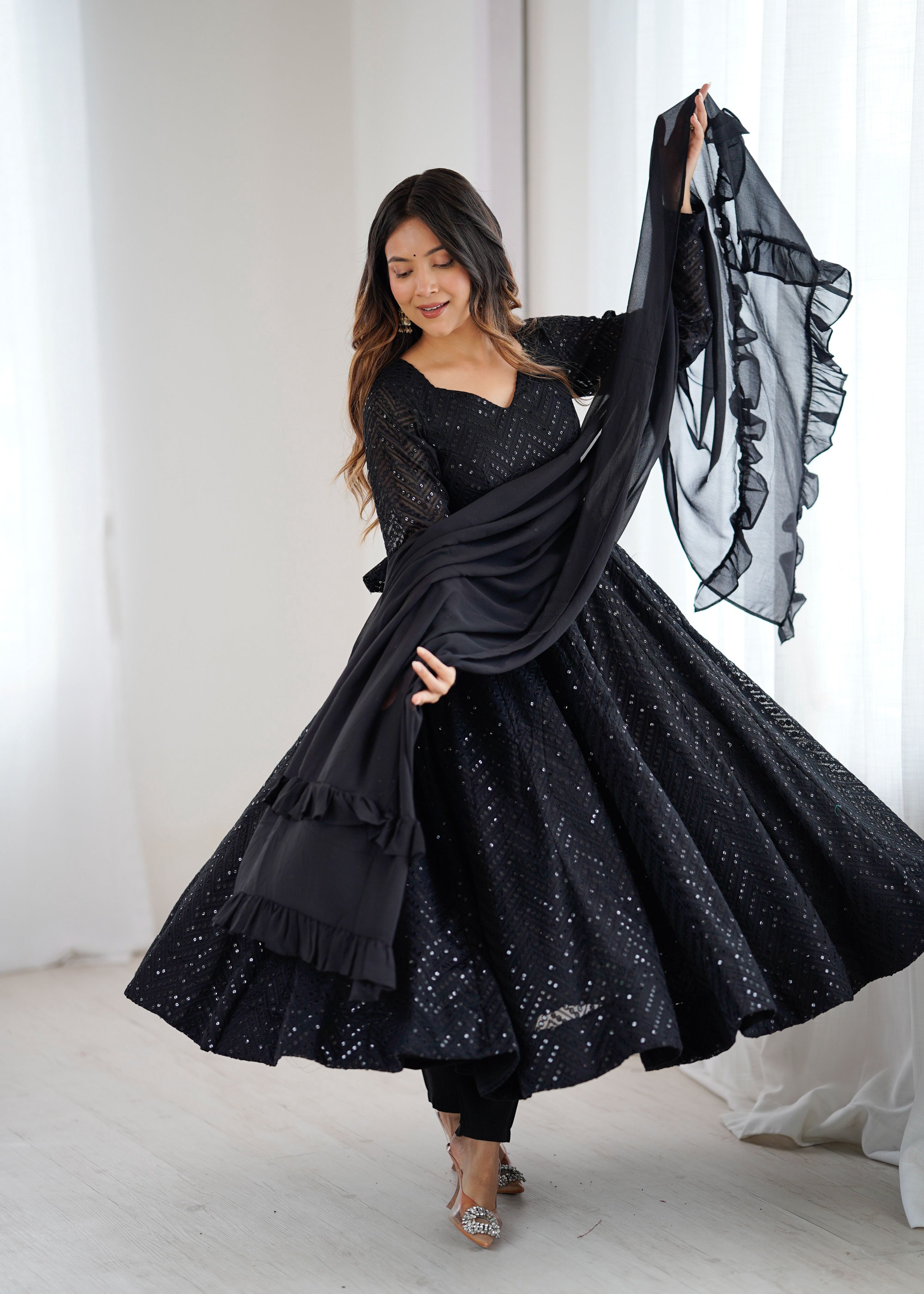 Evanik Black Heavy Faux Georgette With Lucknowi Work Anarkali Suit | Grocsy