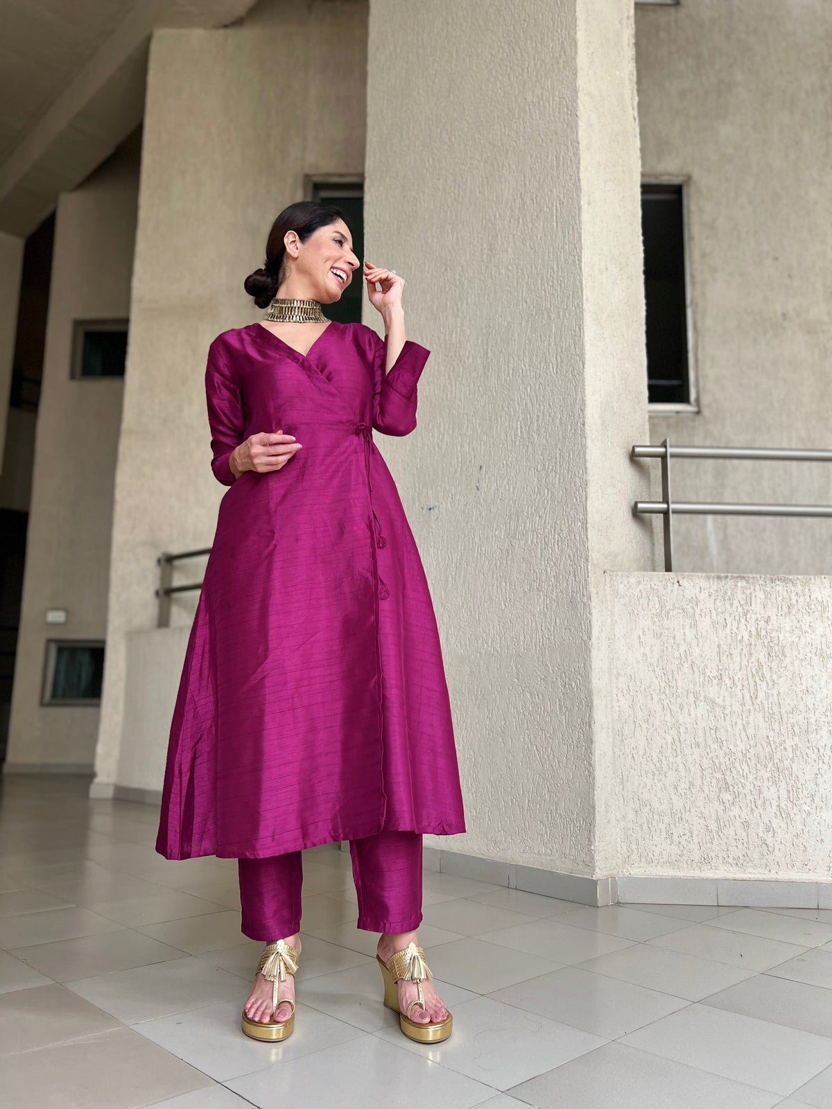 trueBrowns Purple Textured Silk Angrakha Kurta Pant Set | Grocsy