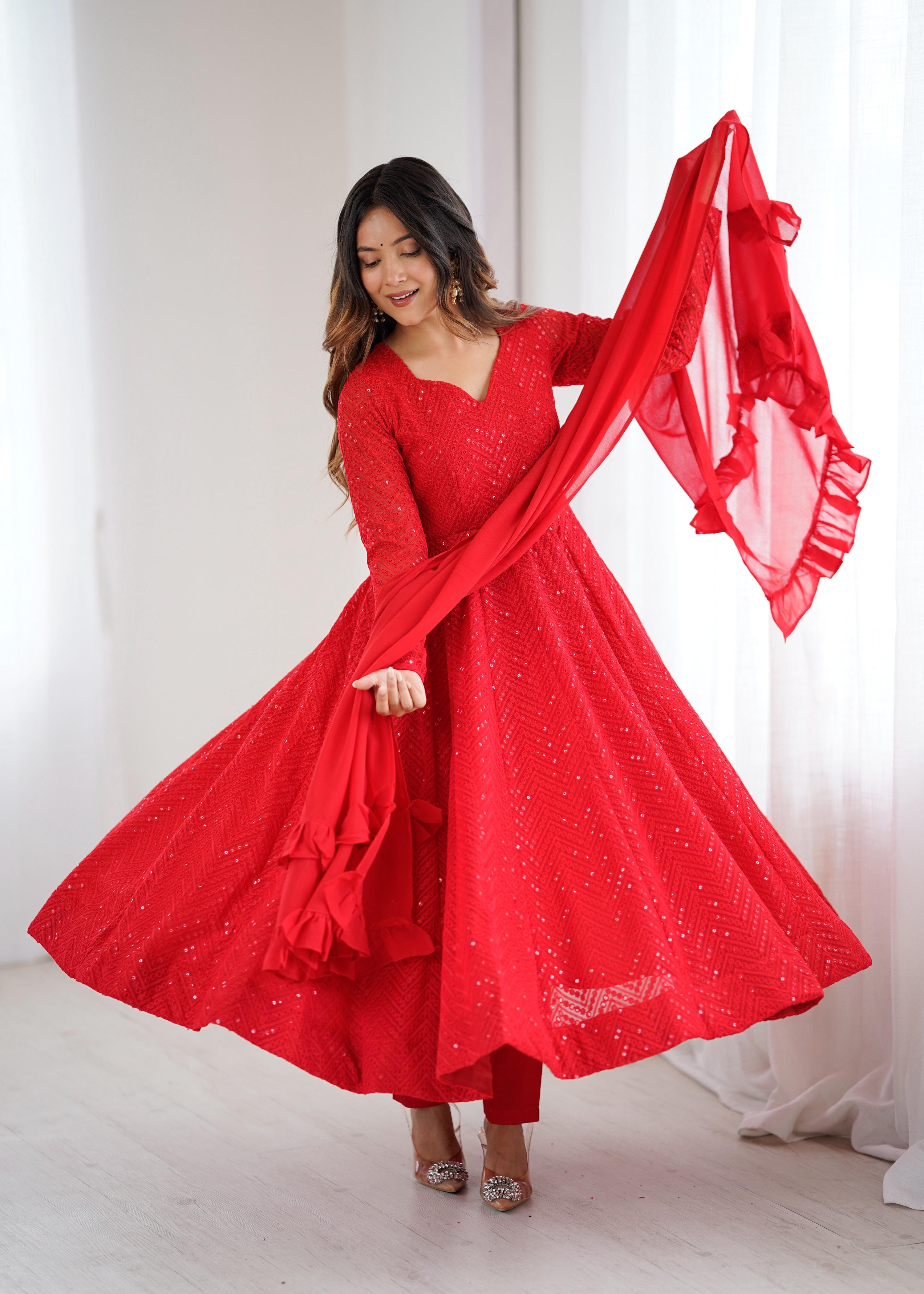 Evanik Red Heavy Faux Georgette With Lucknowi Work Anarkali Suit | Grocsy