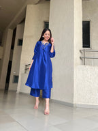 trueBrowns Blue Textured Silk Puff Sleeve Kurta Pant Set | Grocsy