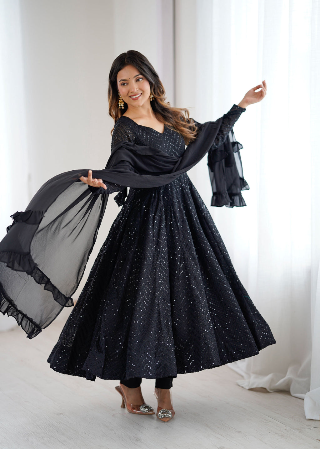 Evanik Black Heavy Faux Georgette With Lucknowi Work Anarkali Suit | Grocsy