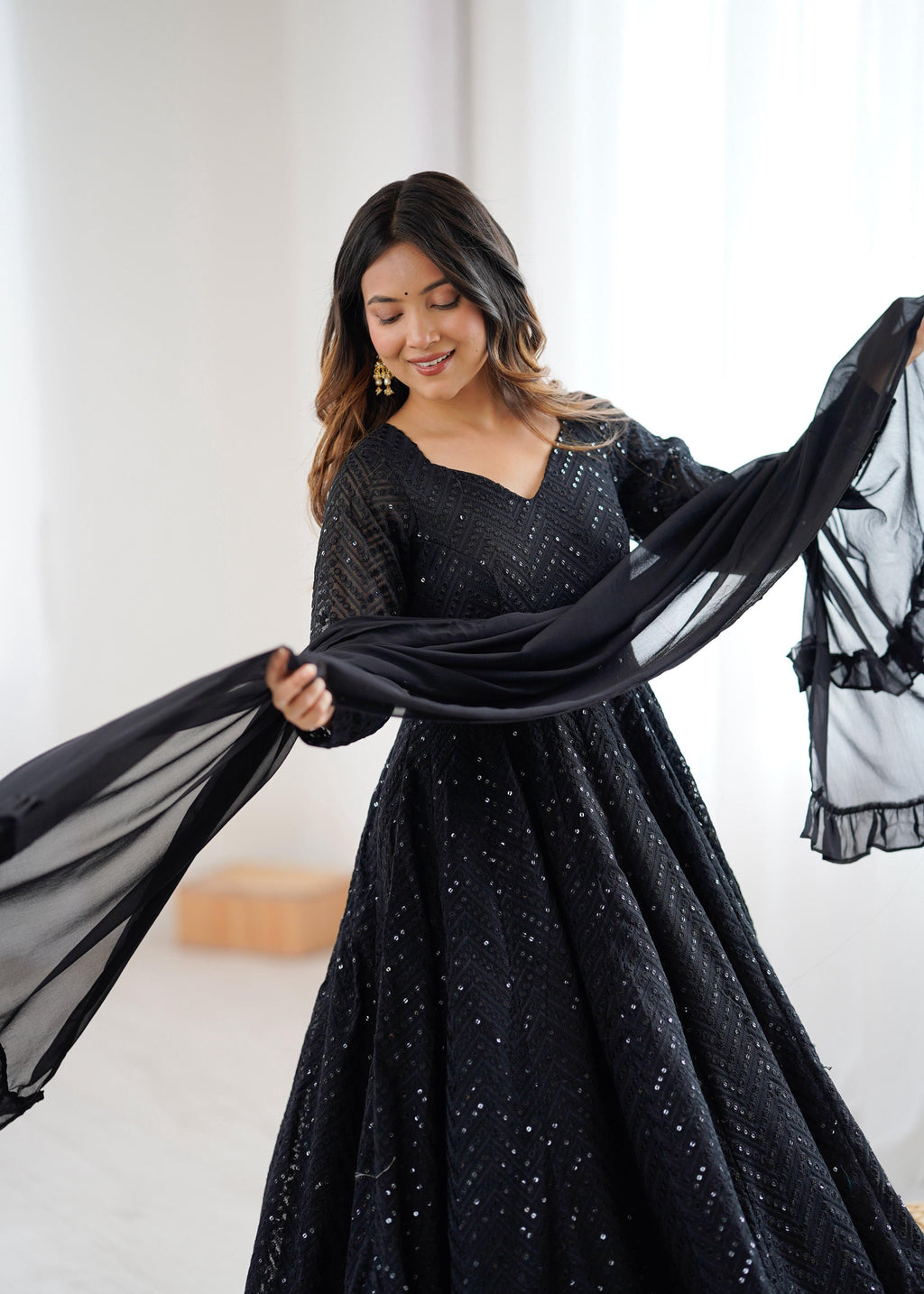 Evanik Black Heavy Faux Georgette With Lucknowi Work Anarkali Suit | Grocsy