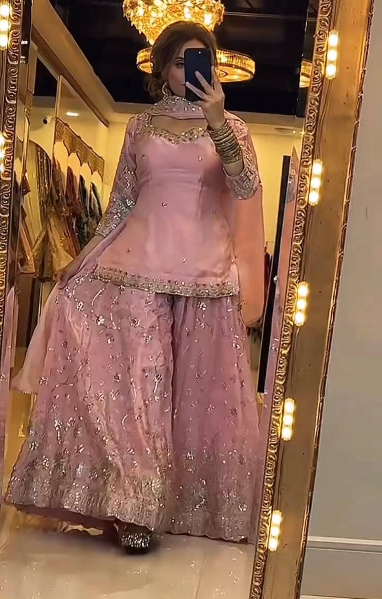 Yash Enterprise Peach Fandy Silk Party Wear Embroidery Sharara Suit Set | Grocsy