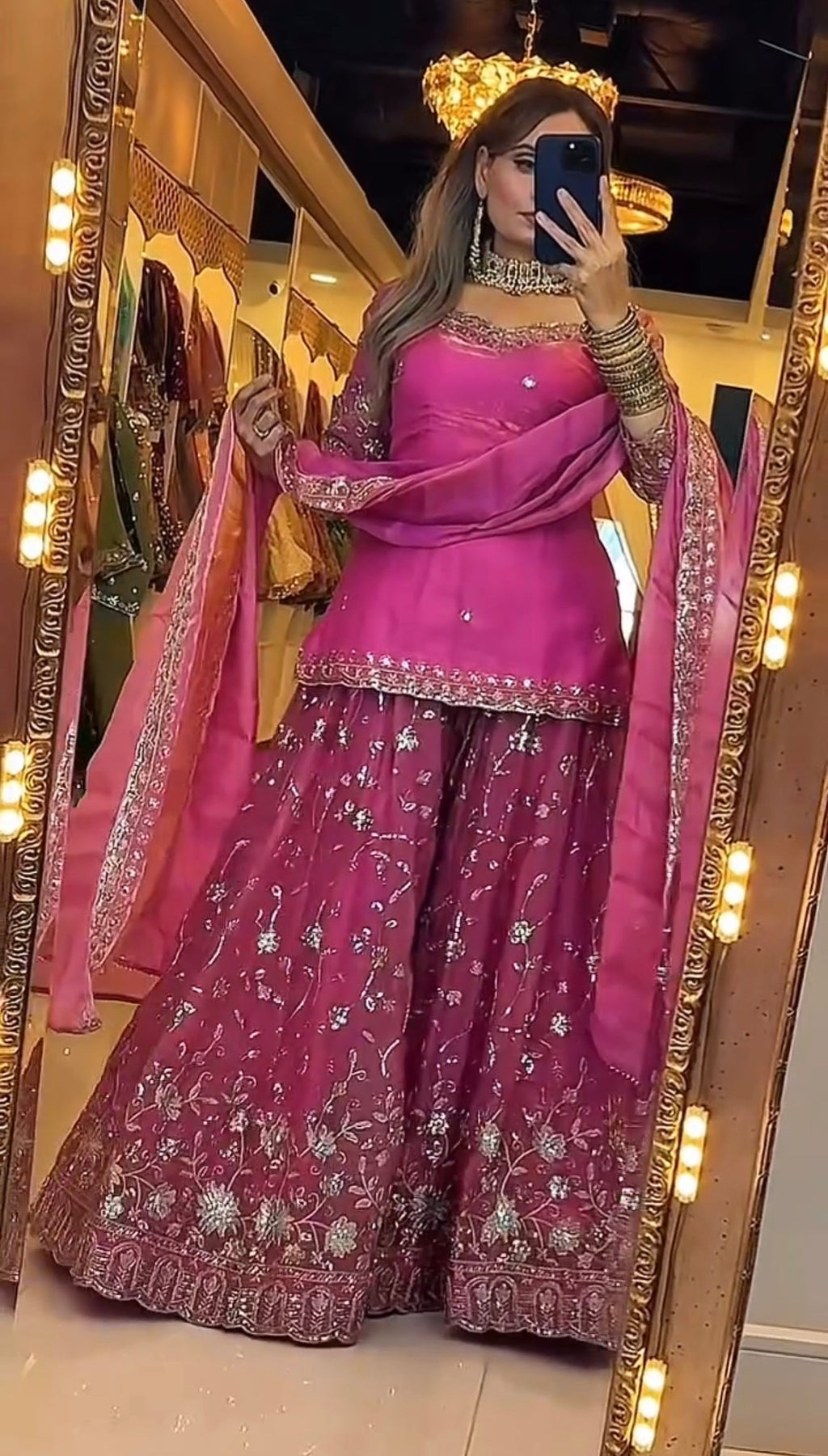Yash Enterprise Rani Pink Fandy Silk Party Wear Embroidery Sharara Suit Set | Grocsy