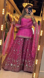 Yash Enterprise Rani Pink Fandy Silk Party Wear Embroidery Sharara Suit Set | Grocsy