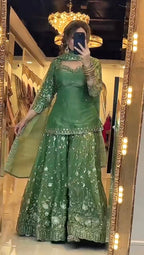 Yash Enterprise Green Fandy Silk Party Wear Embroidery Sharara Suit Set | Grocsy