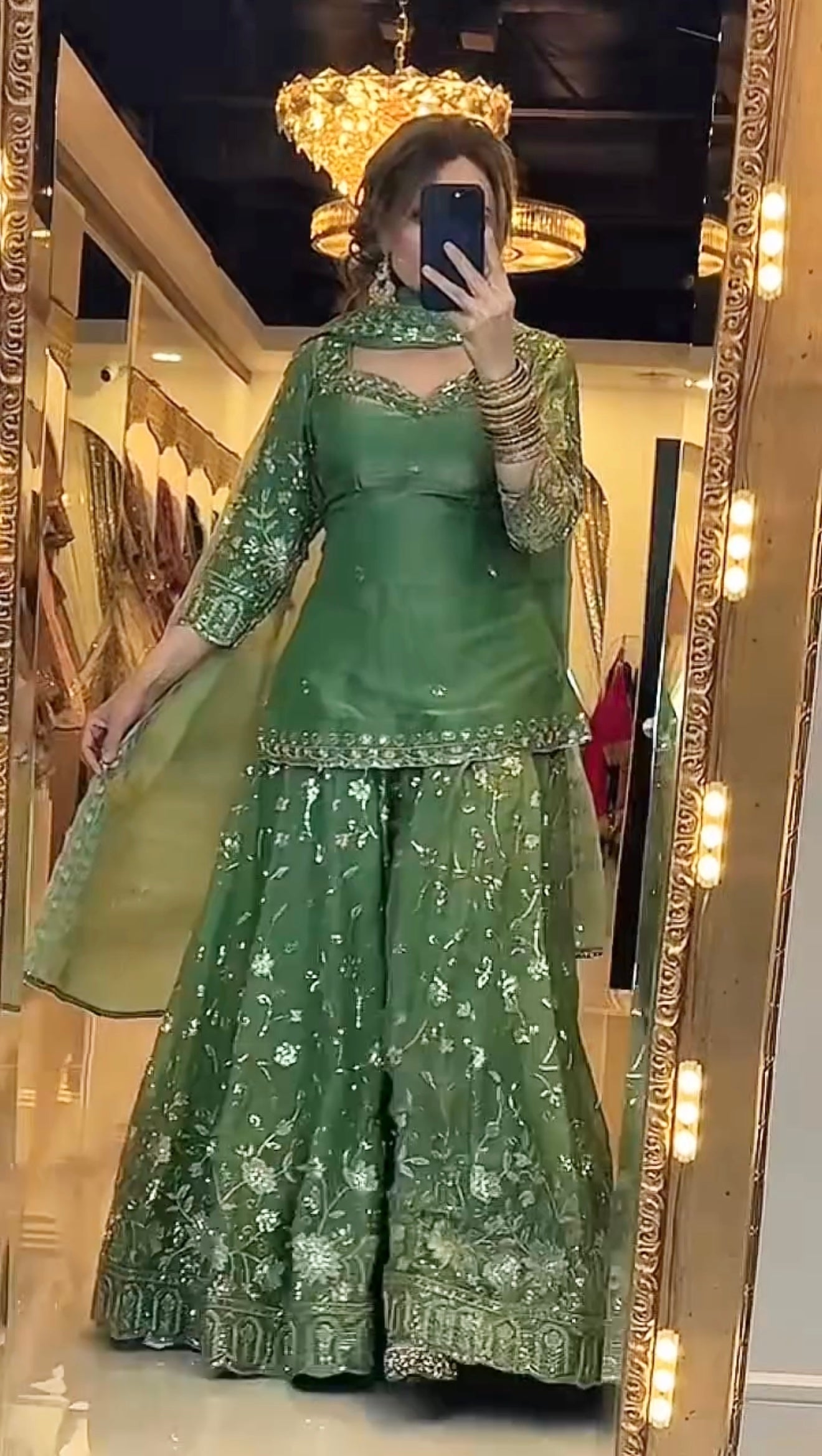 Yash Enterprise Green Fandy Silk Party Wear Embroidery Sharara Suit Set | Grocsy
