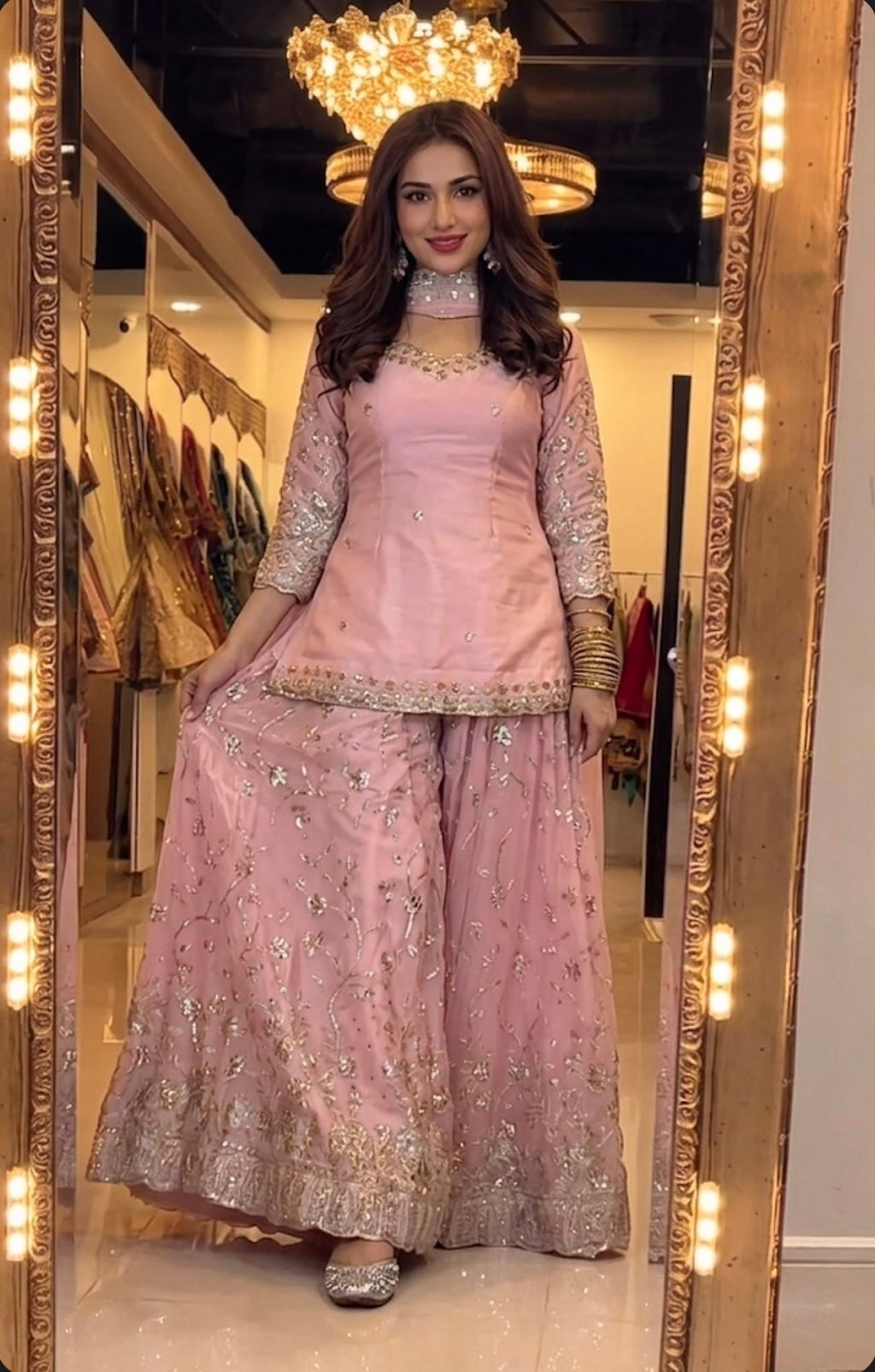 Yash Enterprise Peach Fandy Silk Party Wear Embroidery Sharara Suit Set | Grocsy