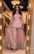 Yash Enterprise Peach Fandy Silk Party Wear Embroidery Sharara Suit Set | Grocsy