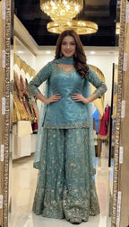 Yash Enterprise Sky Fandy Silk Party Wear Embroidery Sharara Suit Set | Grocsy