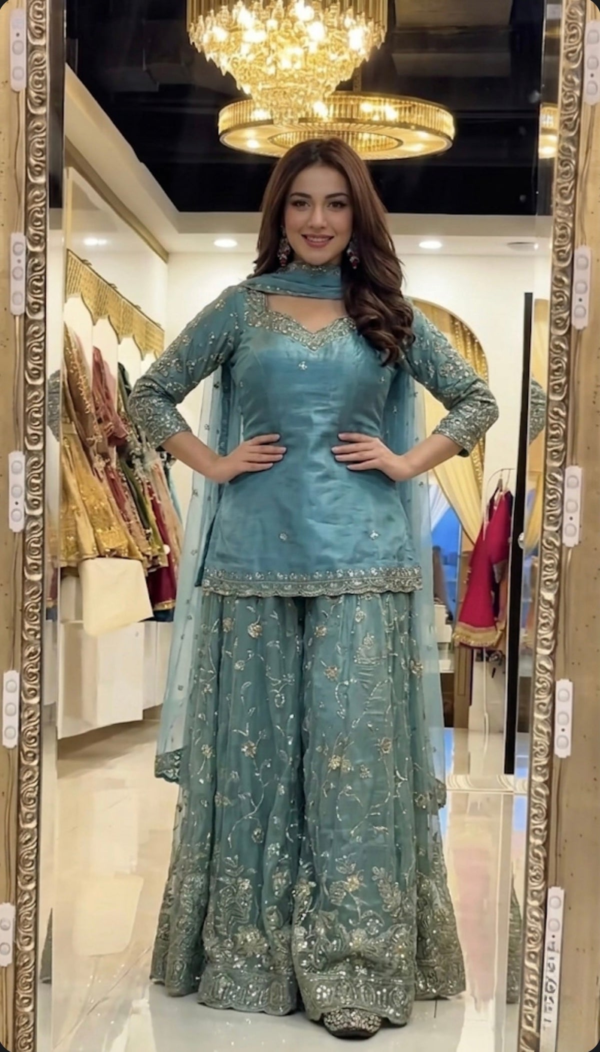Yash Enterprise Sky Fandy Silk Party Wear Embroidery Sharara Suit Set | Grocsy