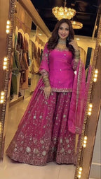 Yash Enterprise Rani Pink Fandy Silk Party Wear Embroidery Sharara Suit Set | Grocsy