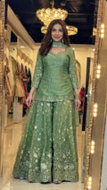 Yash Enterprise Green Fandy Silk Party Wear Embroidery Sharara Suit Set | Grocsy