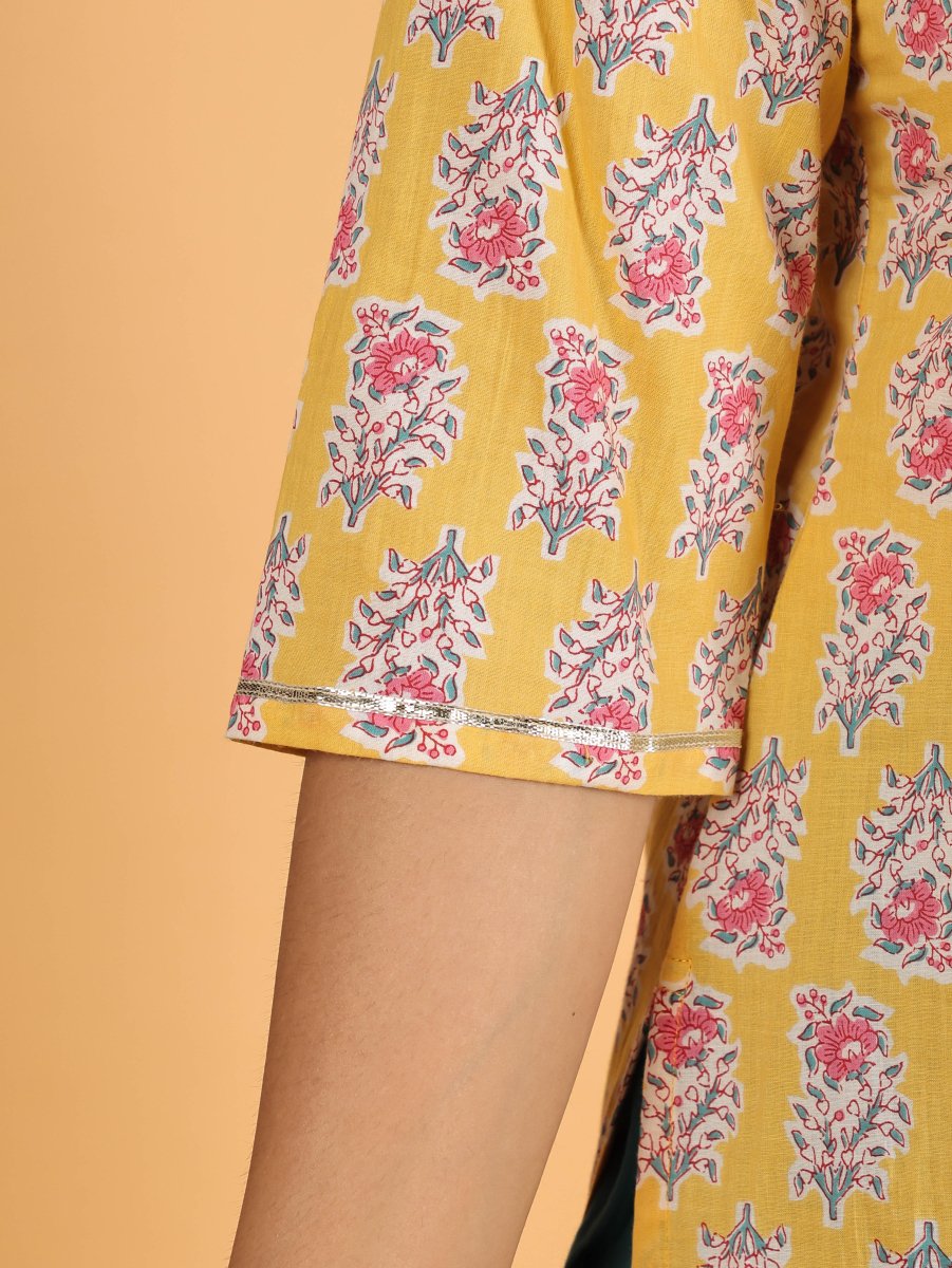 Aramya Straight Soft Cotton Block Print Women's Kurta - Yellow | Grocsy