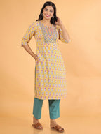 Aramya Straight Soft Cotton Block Print Women's Kurta - Yellow | Grocsy