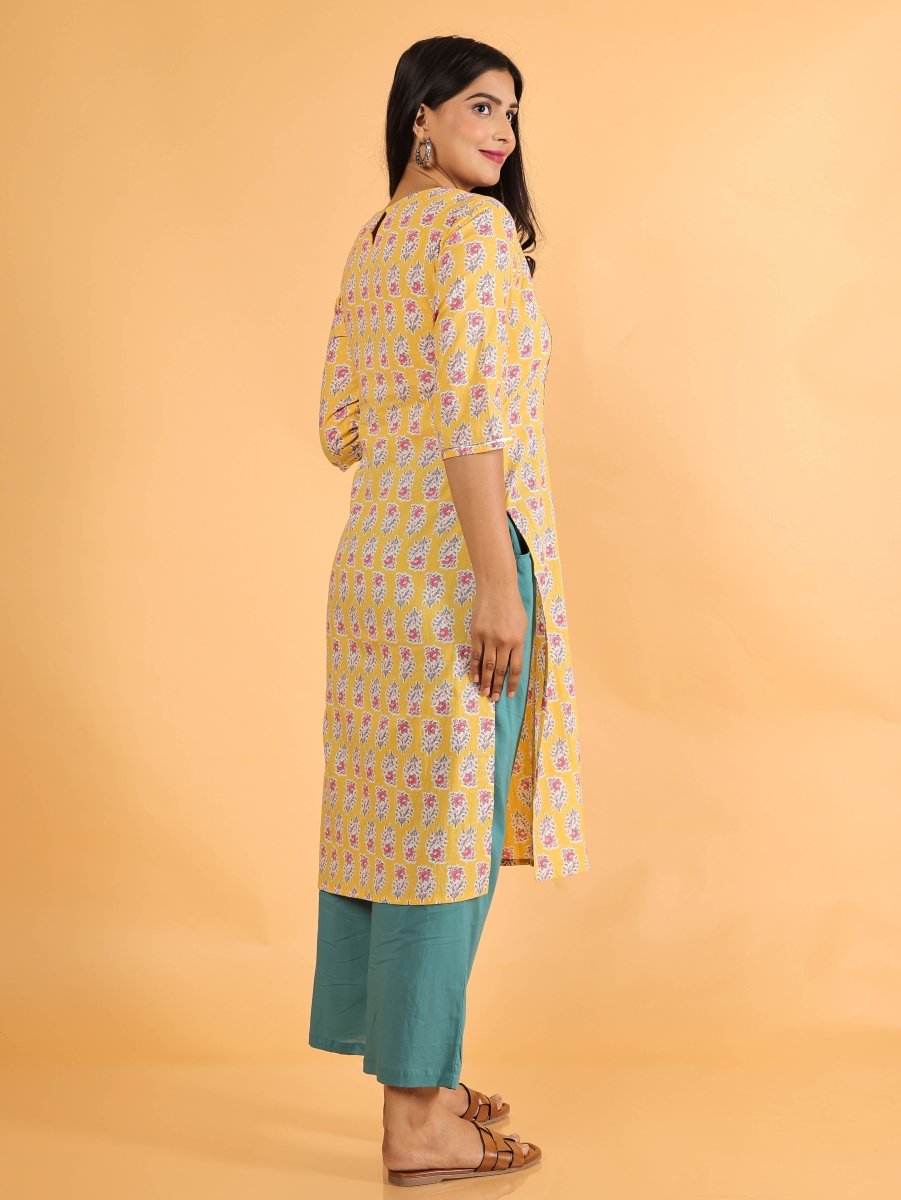 Aramya Straight Soft Cotton Block Print Women's Kurta - Yellow | Grocsy