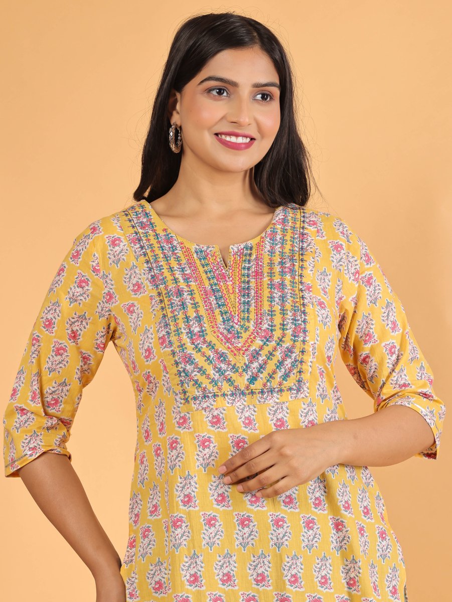 Aramya Straight Soft Cotton Block Print Women's Kurta - Yellow | Grocsy
