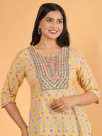 Aramya Straight Soft Cotton Block Print Women's Kurta - Yellow | Grocsy