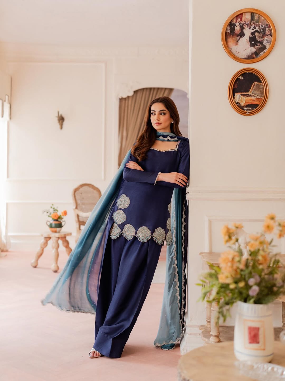 Yash Enterprise Navy Blue Crepe Silk Party Wear Embroidery Sharara Suit Set | Grocsy