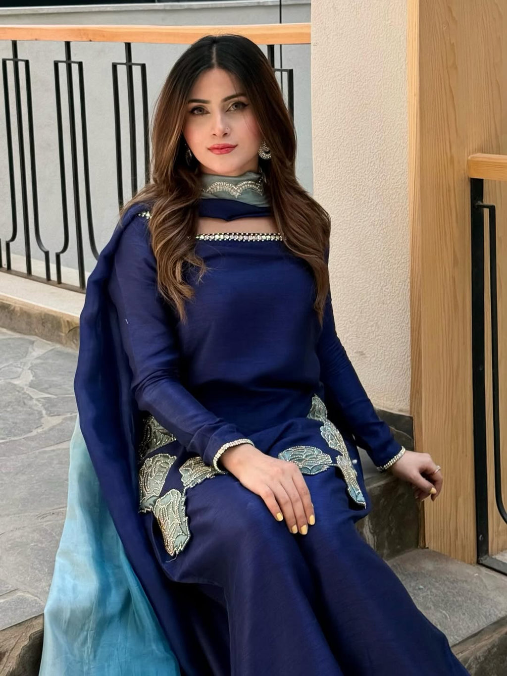 Yash Enterprise Navy Blue Crepe Silk Party Wear Embroidery Sharara Suit Set | Grocsy