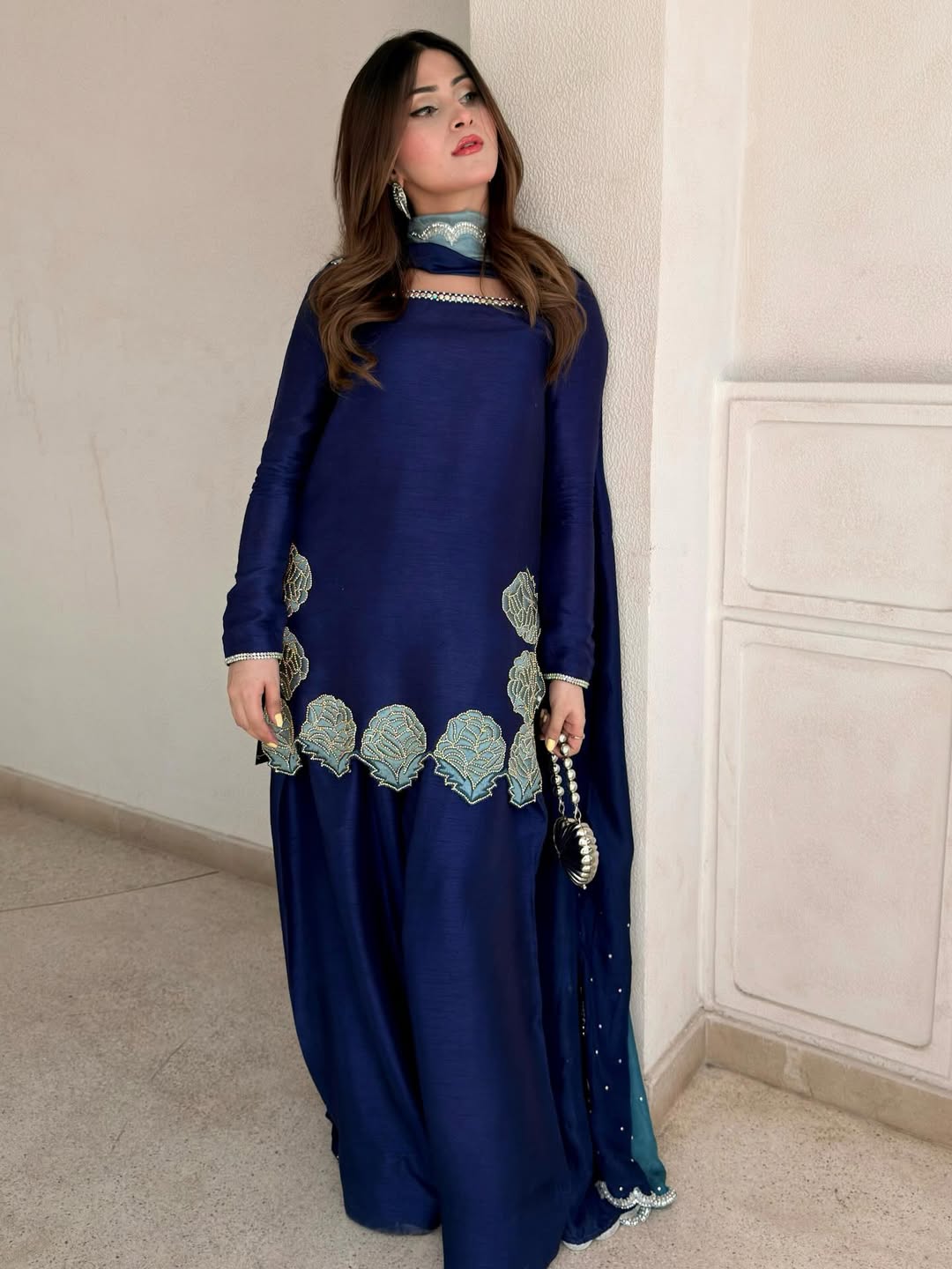 Yash Enterprise Navy Blue Crepe Silk Party Wear Embroidery Sharara Suit Set | Grocsy
