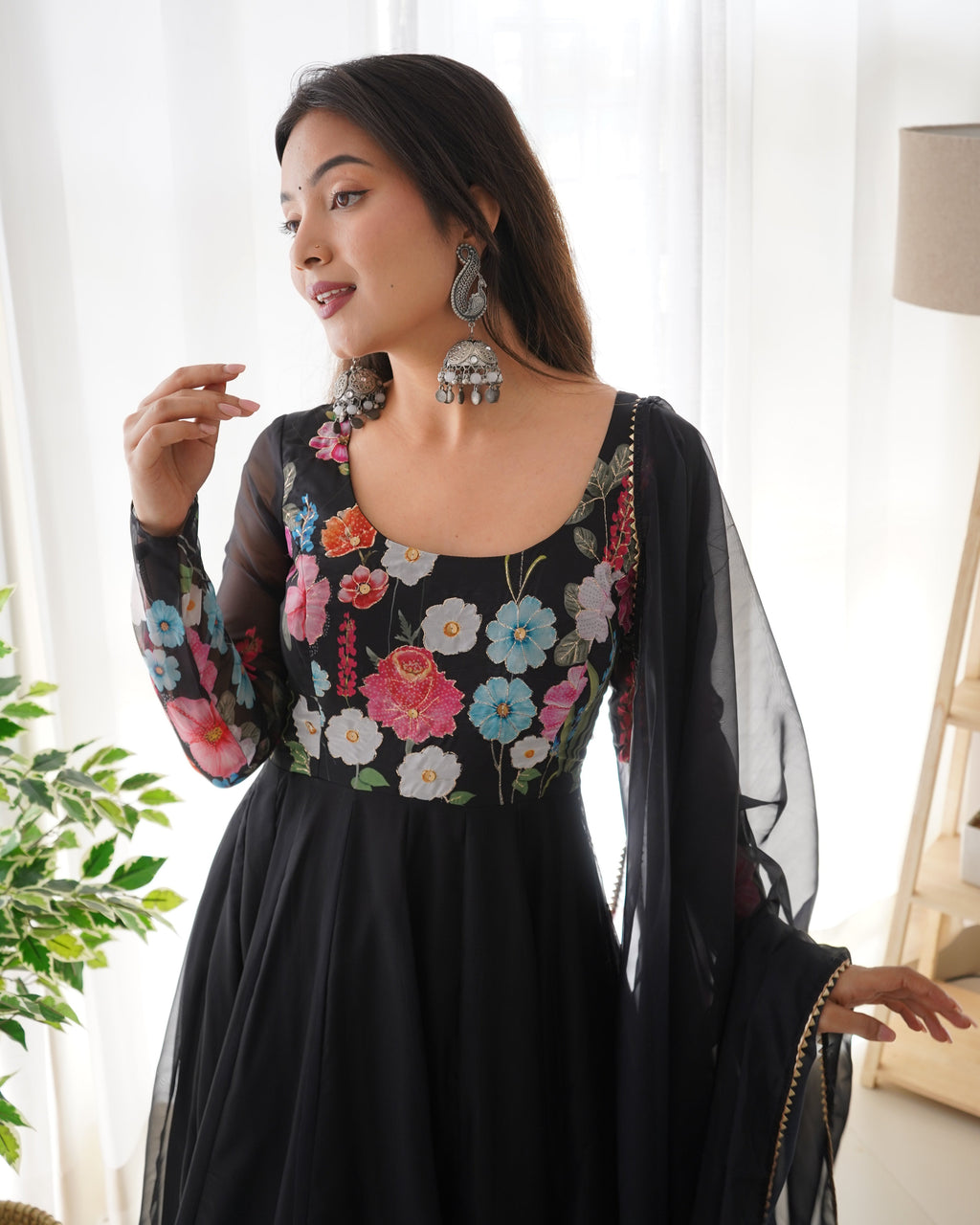 Lorenvalley Fashion Black Soft Organza Silk With Floral Print Fully Flared Anarkali Pant With Dupatta Set - Black | Grocsy