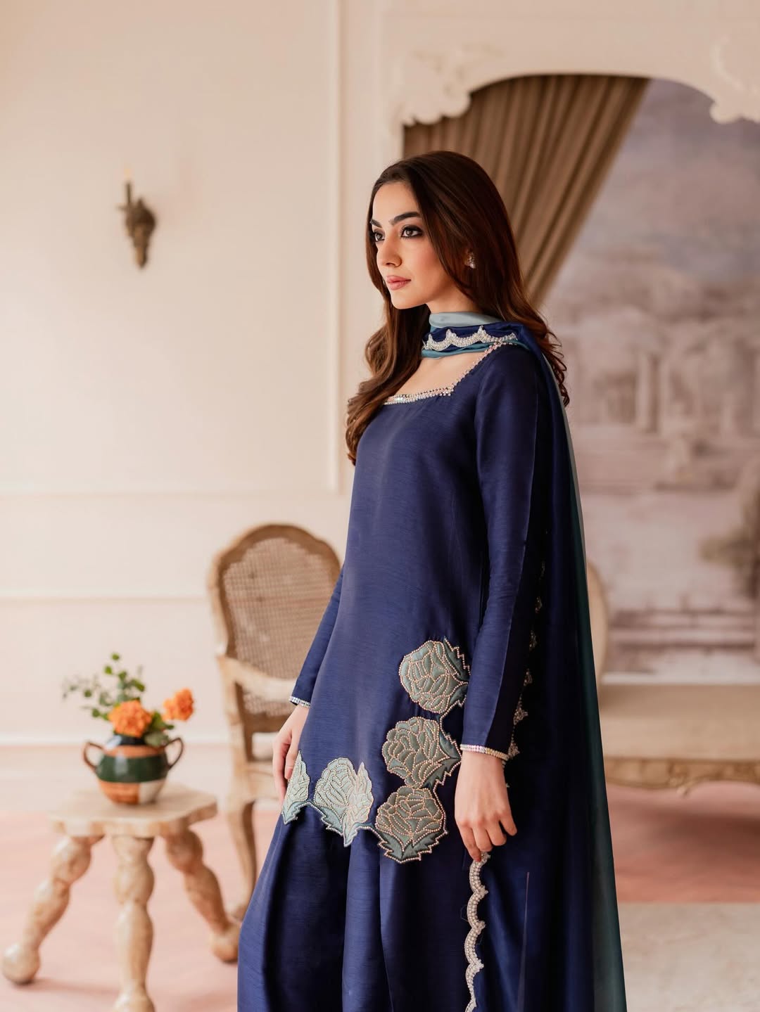 Yash Enterprise Navy Blue Crepe Silk Party Wear Embroidery Sharara Suit Set | Grocsy