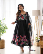 Lorenvalley Fashion Black Soft Organza Silk With Floral Print Fully Flared Anarkali Pant With Dupatta Set - Black | Grocsy