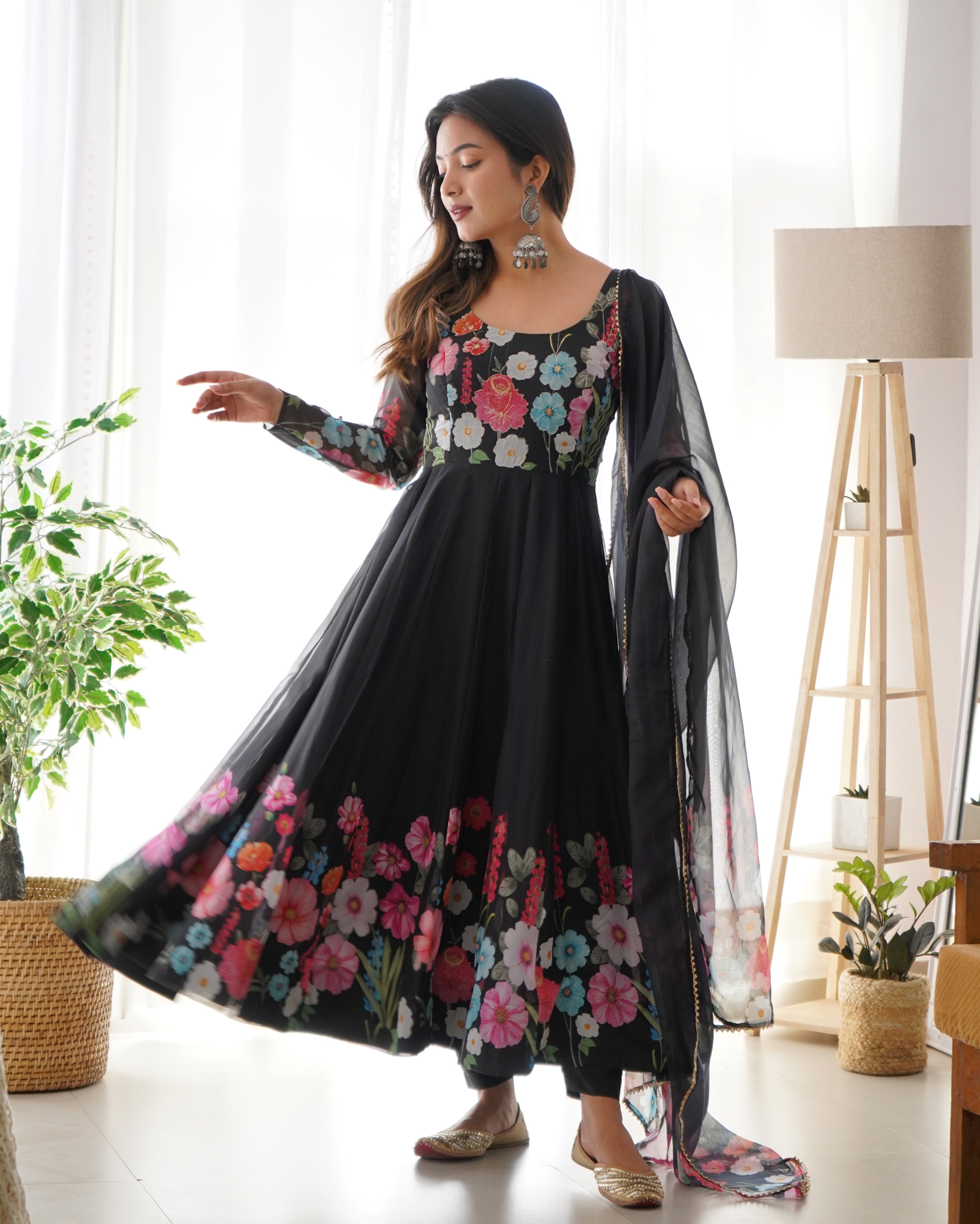 Lorenvalley Fashion Black Soft Organza Silk With Floral Print Fully Flared Anarkali Pant With Dupatta Set - Black | Grocsy