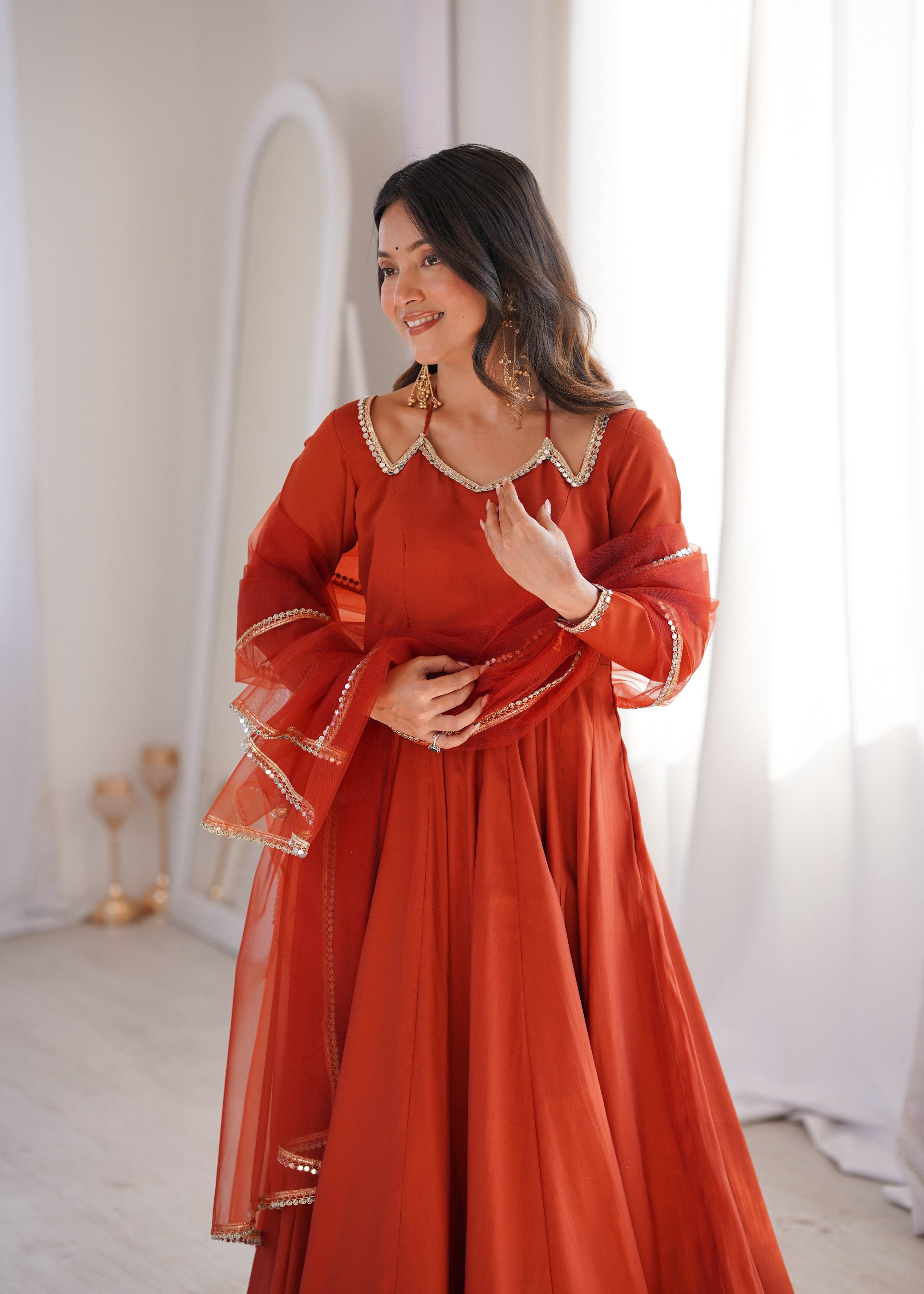 Evanik Women Rust Ethnic Anarkali Kurta Set for Festive & Wedding Wear | Grocsy