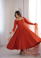 Evanik Women Rust Ethnic Anarkali Kurta Set for Festive & Wedding Wear | Grocsy