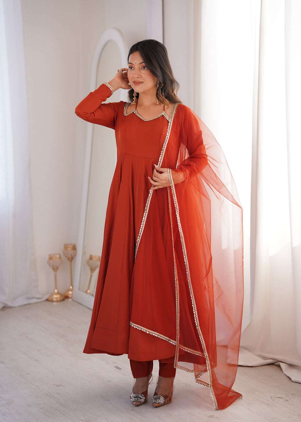 Evanik Women Rust Ethnic Anarkali Kurta Set for Festive & Wedding Wear | Grocsy