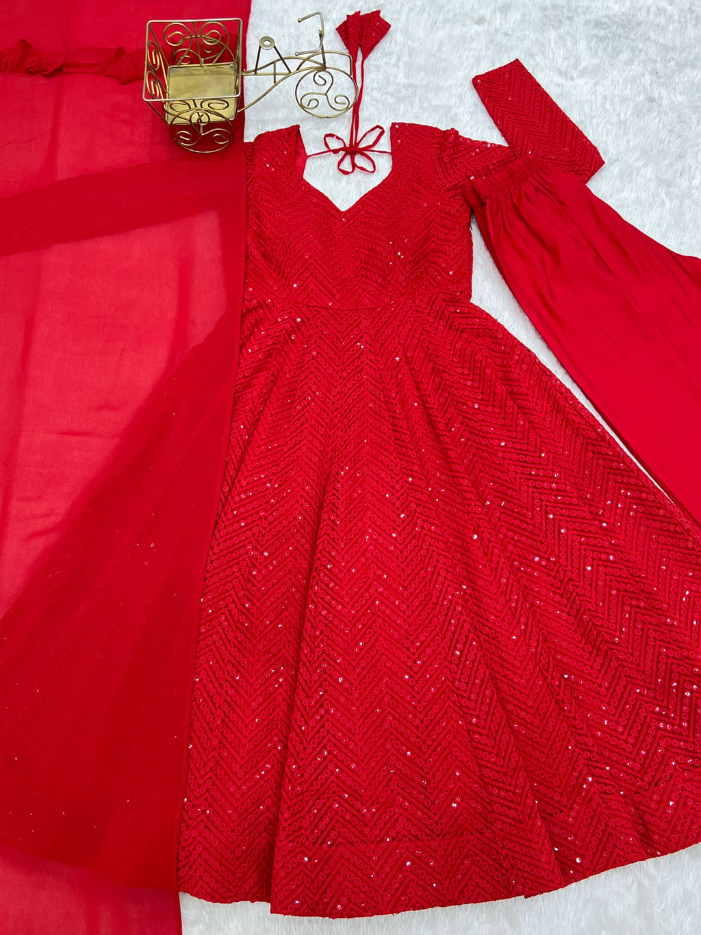 Evanik Red Heavy Faux Georgette With Lucknowi Work Anarkali Suit | Grocsy