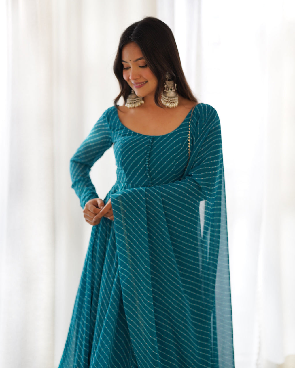 Lorenvalley Fashion Women Pure Soft Faux Georgette Laheriya Print Fully Flair Anarkali Kurta Pant With Dupatta Set - Rama | Grocsy