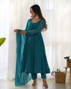 Lorenvalley Fashion Women Pure Soft Faux Georgette Laheriya Print Fully Flair Anarkali Kurta Pant With Dupatta Set - Rama | Grocsy