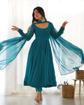 Lorenvalley Fashion Women Pure Soft Faux Georgette Laheriya Print Fully Flair Anarkali Kurta Pant With Dupatta Set - Rama | Grocsy