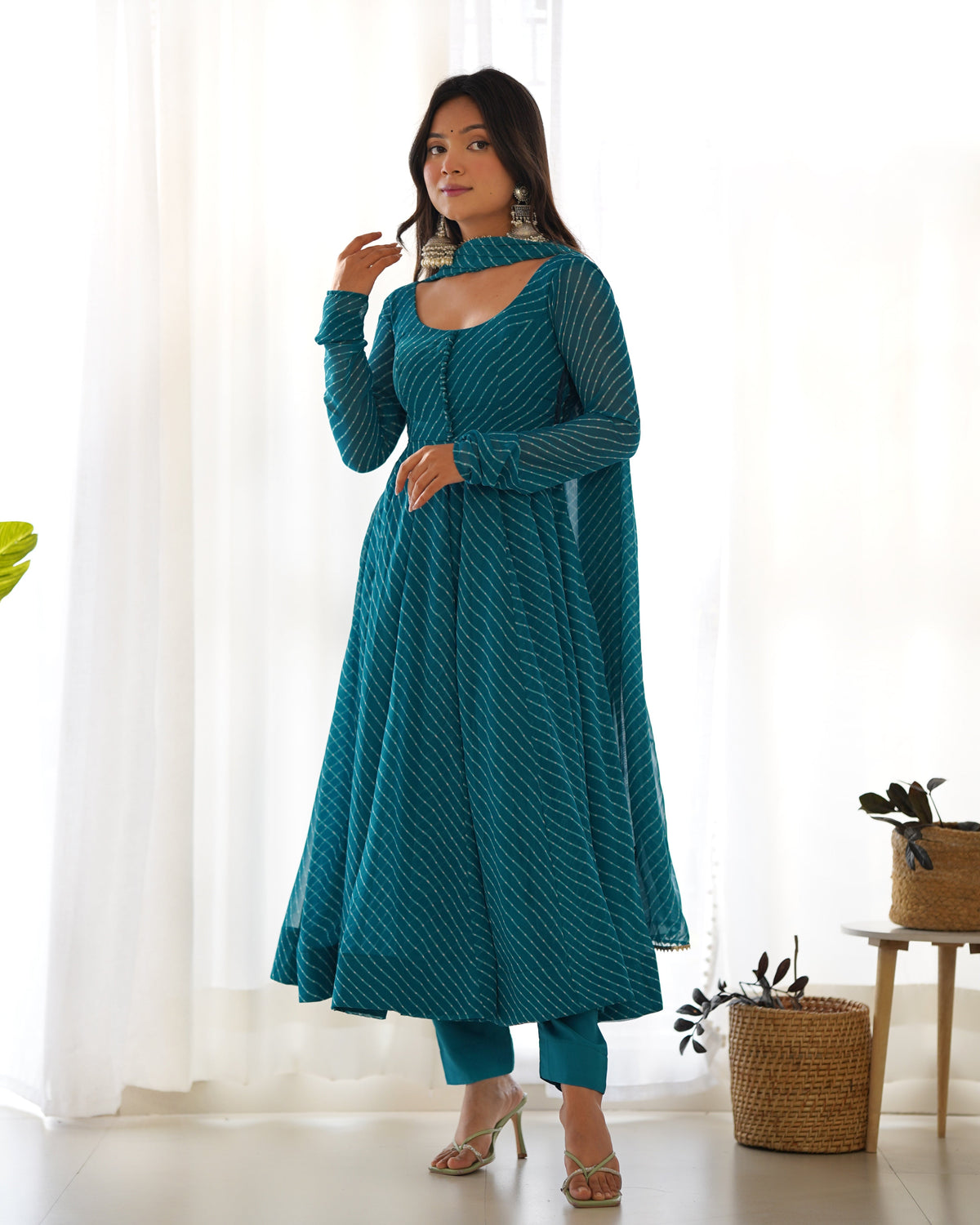 Lorenvalley Fashion Women Pure Soft Faux Georgette Laheriya Print Fully Flair Anarkali Kurta Pant With Dupatta Set - Rama | Grocsy