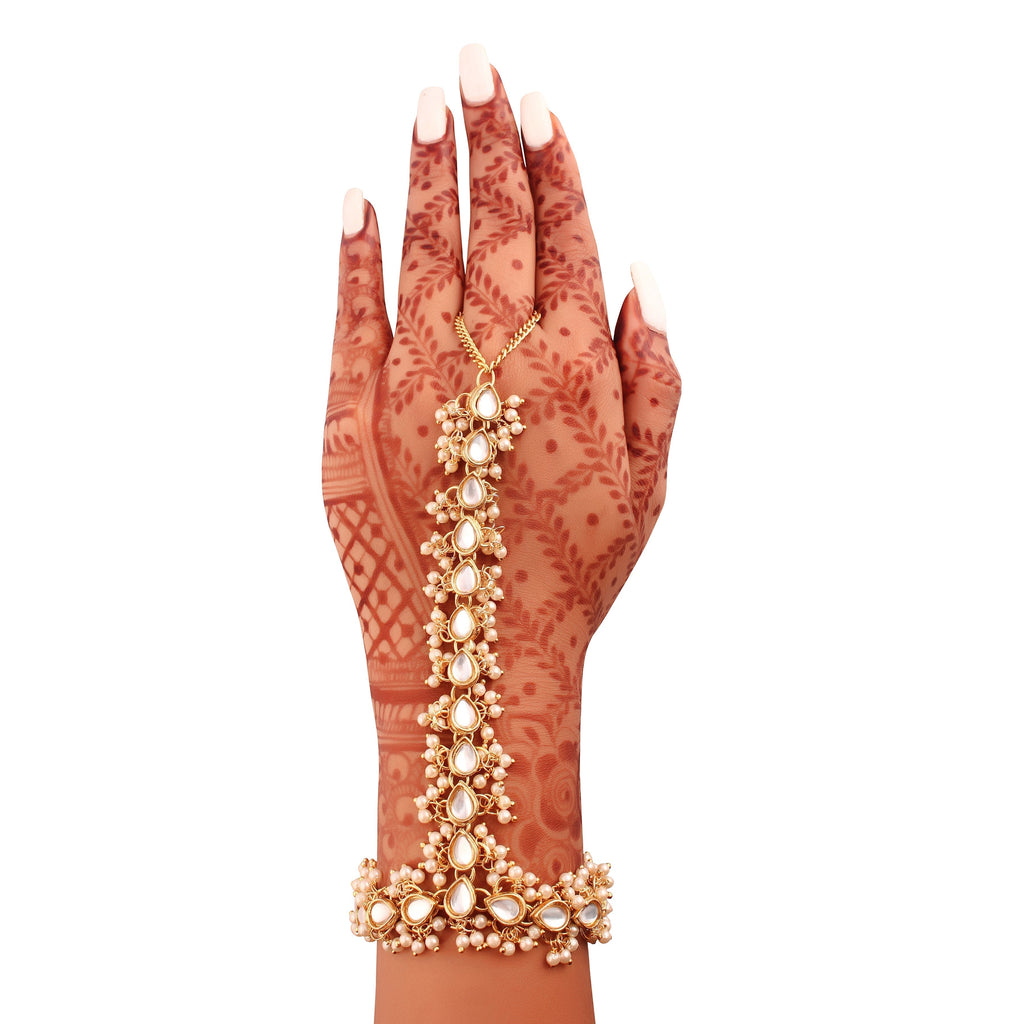 Traditional Gold-Polished Embellish With Kundan & Pearl Adjustable Haath Phool/Panja Bracelet for Women - Wahe Jewels - Swadesiicart