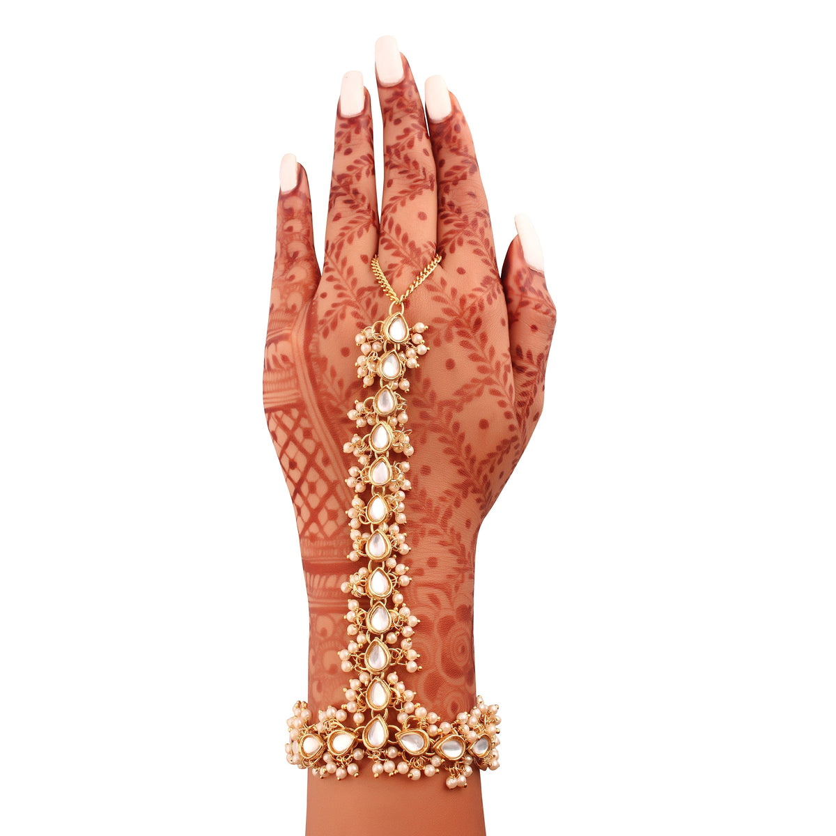 Traditional Gold-Polished Embellish With Kundan & Pearl Adjustable Haath Phool/Panja Bracelet for Women - Wahe Jewels - Swadesiicart