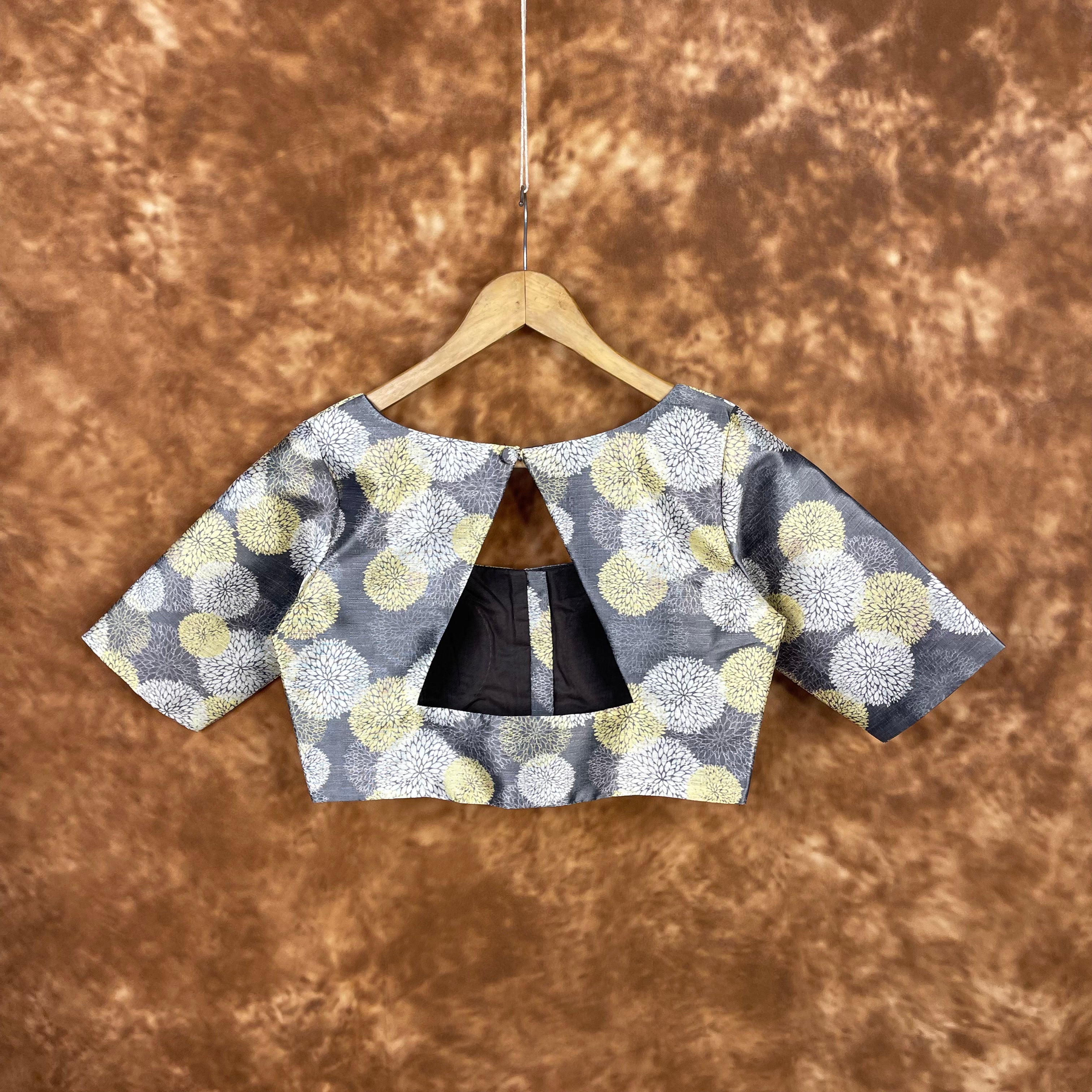 Multi Print Facade Ash Grey Coloured Silk Ready to Wear Blouse - kapda Tailor | Grocsy