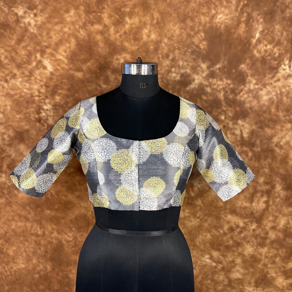 Multi Print Facade Ash Grey Coloured Silk Ready to Wear Blouse - kapda Tailor | Grocsy