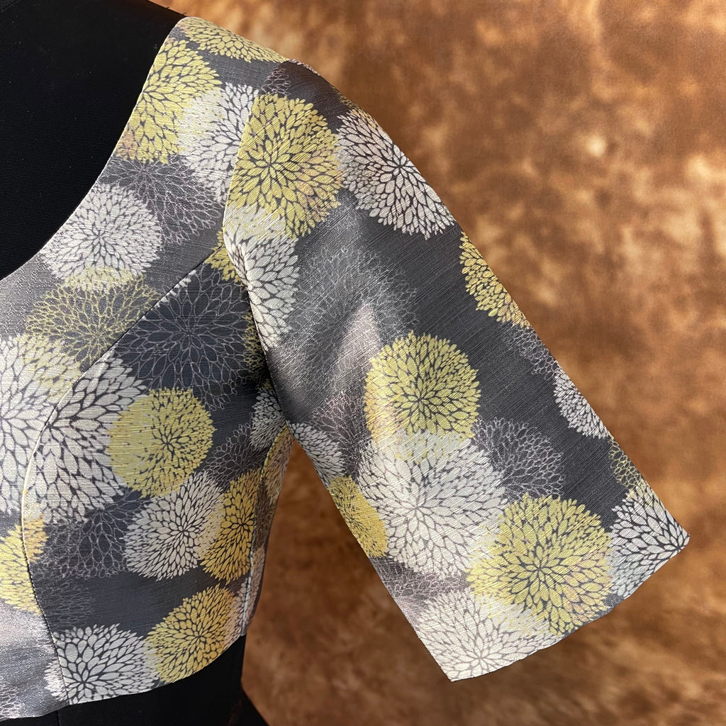Multi Print Facade Ash Grey Coloured Silk Ready to Wear Blouse - kapda Tailor | Grocsy