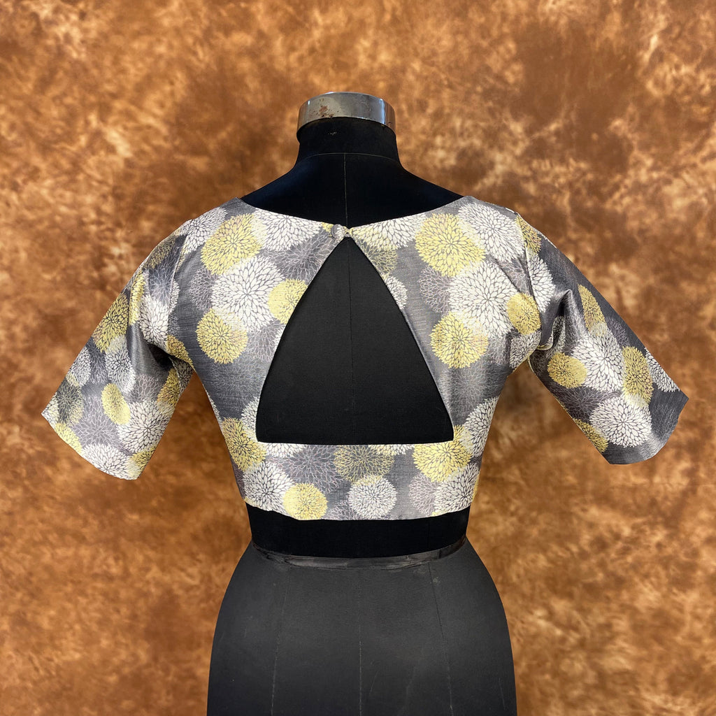 Multi Print Facade Ash Grey Coloured Silk Ready to Wear Blouse - kapda Tailor | Grocsy