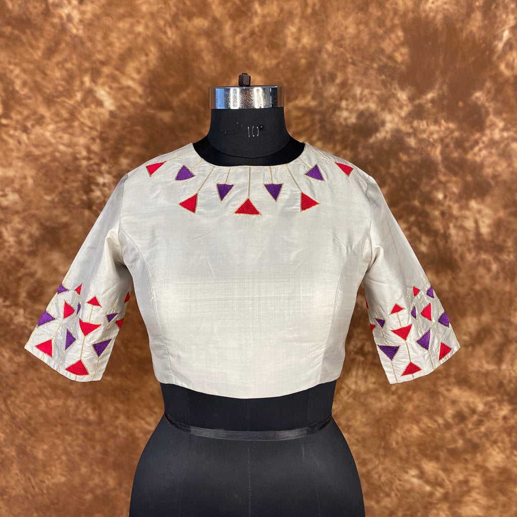 Silk Triangle Cream Coloured Silk Ready to Wear Blouse - kapda Tailor | Grocsy