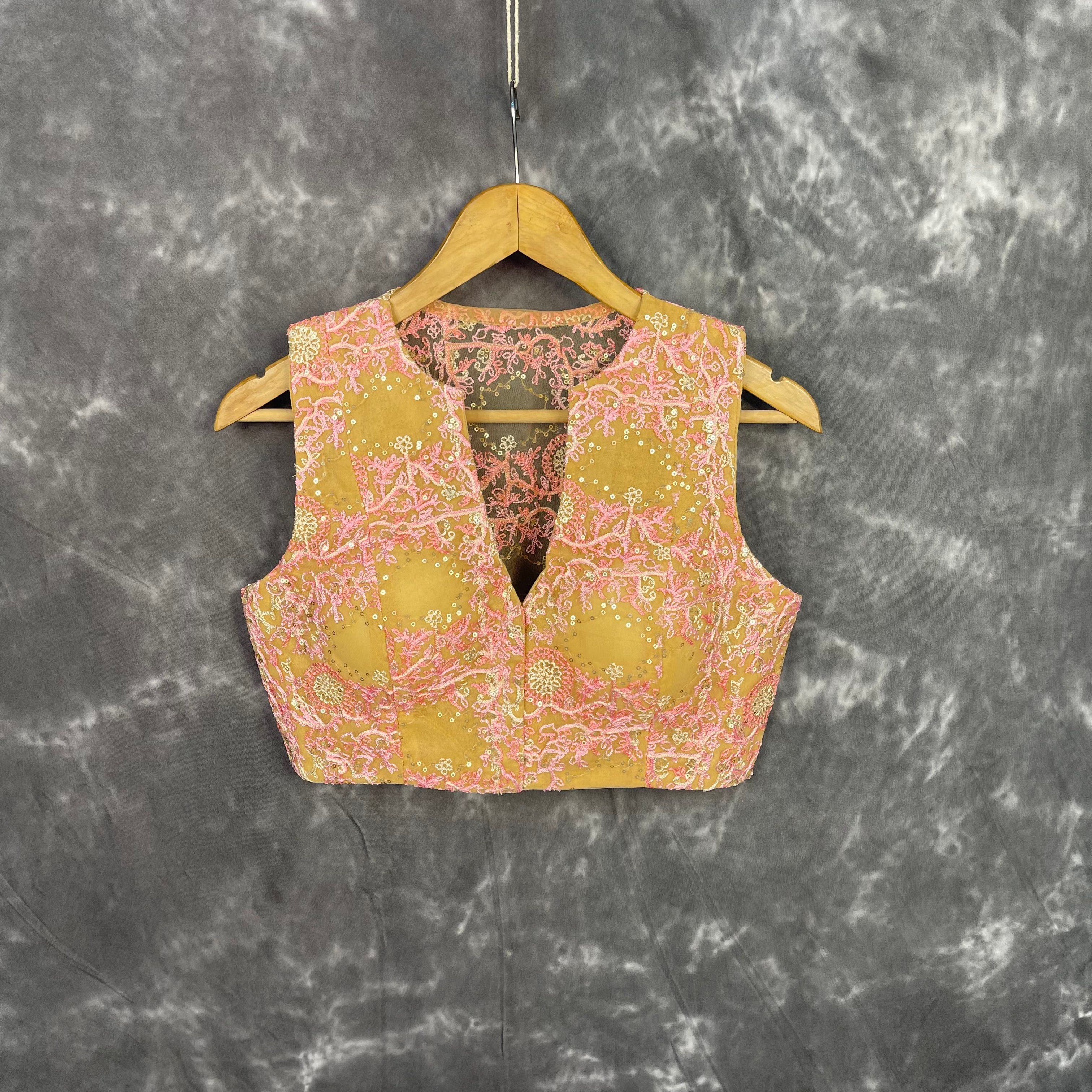 Parchment Pink Pink Coloured Net With Embroidrey Ready to Wear Blouse - kapda Tailor | Grocsy